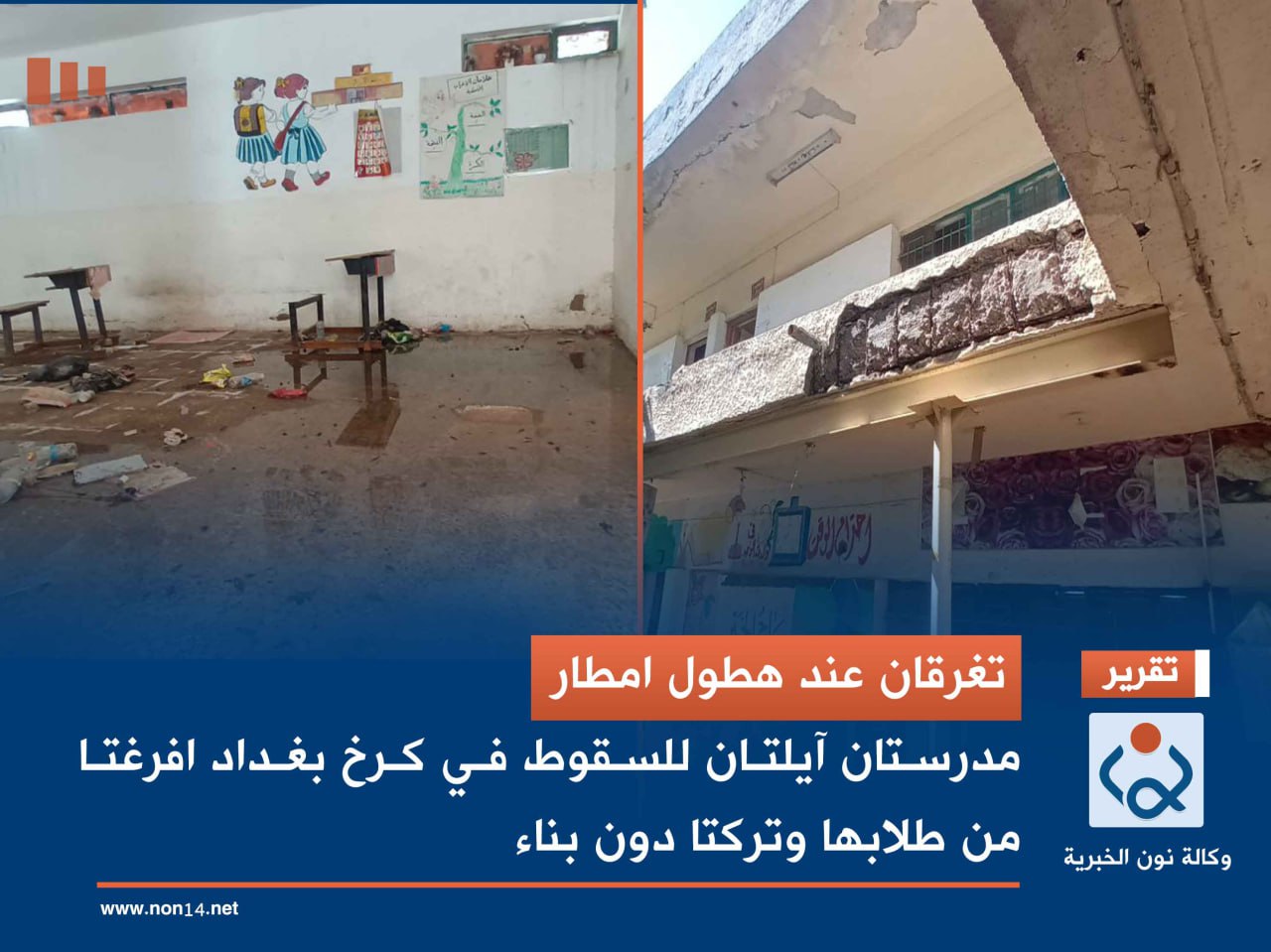 تغرقان عند هطول امطار.. مدرستان آيلتان للسقوط في كرخ بغداد افرغتا من طلابها وتركتا دون بناء(مصور)