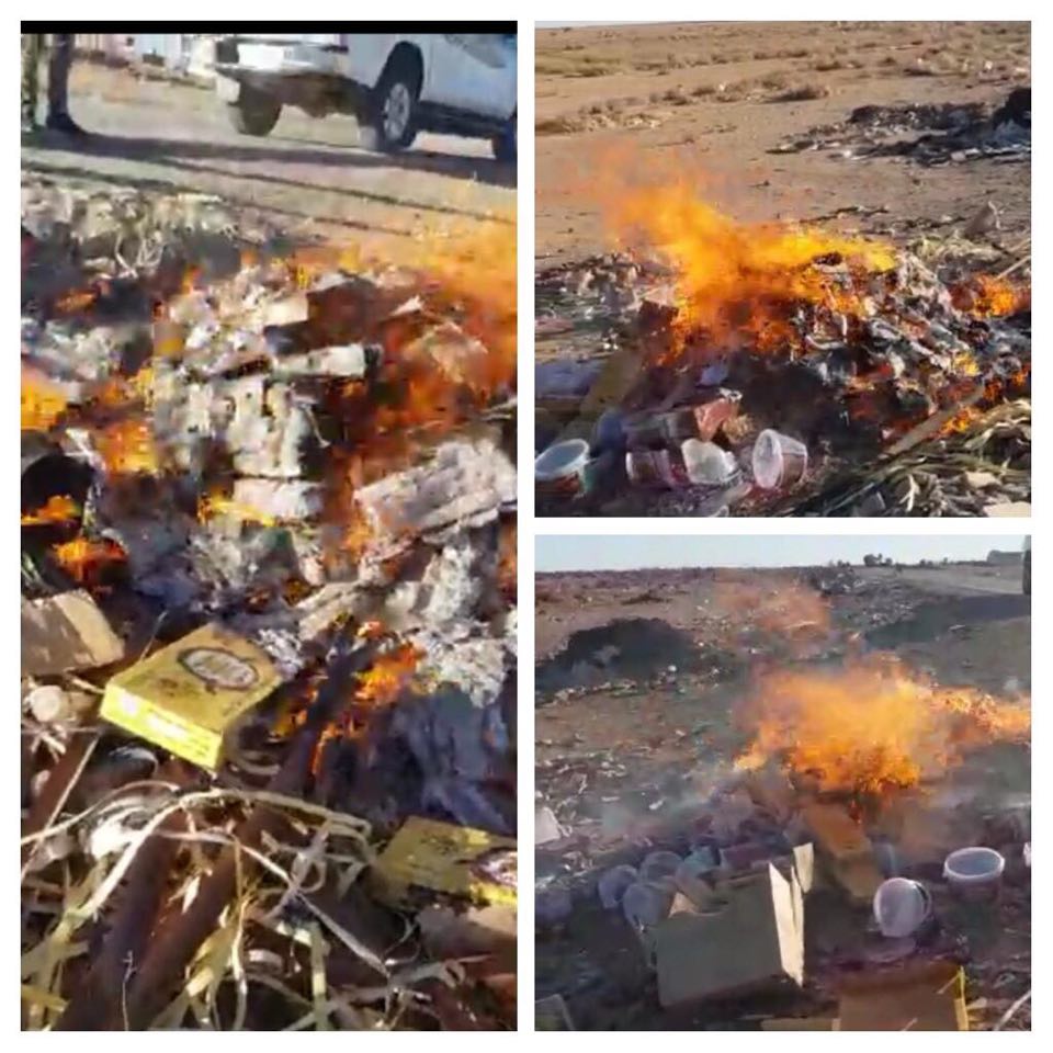 بالصور:اتلاف مواد غذائية متنوعة  مخالفة في مركز كمرك طريبيل الحدودي